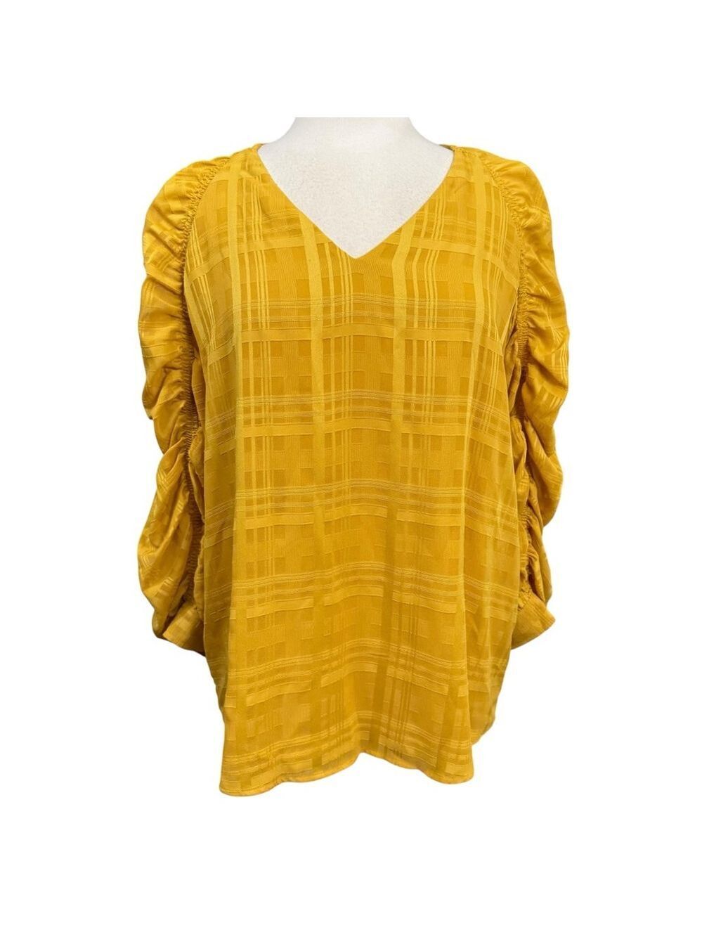 Calvin Klein Yellow Blouse with Ruched Sleeves Size XL